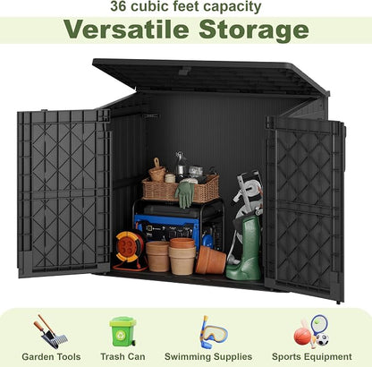 36 Cu Ft Horizontal Resin Storage Shed, Weatherproof Outdoor Storage Cabinet with Dual Lock Door, Fits Small Trash Cans, Generators, & Garden Tools, Matte Black