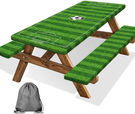 Picnic Table Cover with Bench Covers Elastic Edges, Green Soccer Theme Table Cover, Waterproof Windproof Fitted, for Outdoor Sports Parties Kids Gatherings Patio Garden, Drawstring Bag, 72 Inch 3PCS