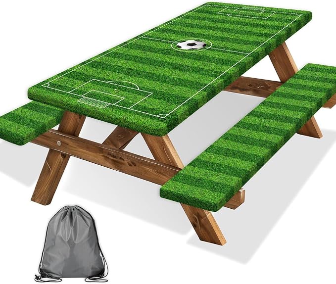 Picnic Table Cover with Bench Covers Elastic Edges, Green Soccer Theme Table Cover, Waterproof Windproof Fitted, for Outdoor Sports Parties Kids Gatherings Patio Garden, Drawstring Bag, 60 Inch 3PCS