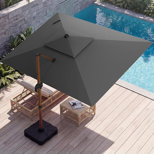 10x13 FT Wood Pattern Patio Umbrella with Base, Large Deluxe Cantilever Rectangular Double Top Heavy Duty Offset Umbrellas with 360° Rotation, Outdoor shade for Garden Pool Patio, Grey