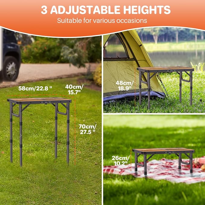 FUNYKICH 2ft Folding Camping Table 22.8''x15.7''x27.5'',3 Height Adjustable | Lightweight Aluminum Outdoor Small Tables with Carry Handle for Car Camping, Backpacking, Picnic, BBQ, Brown