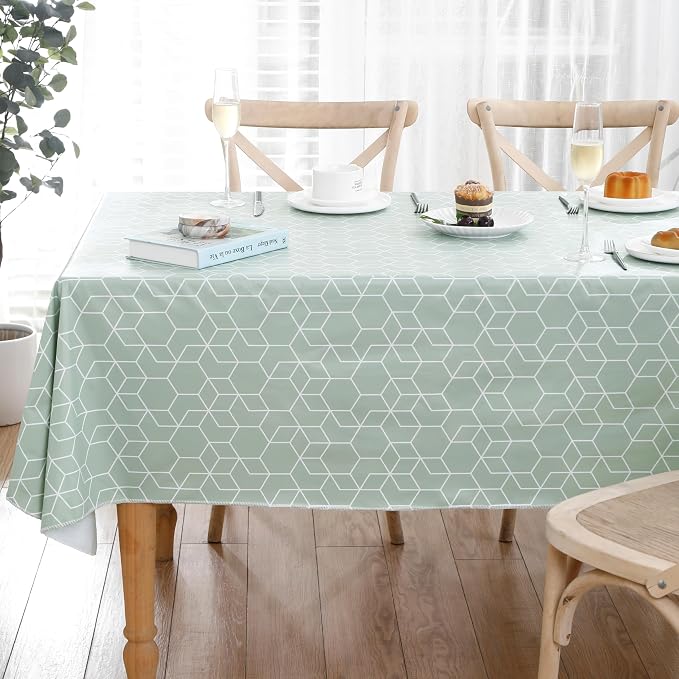 Heavy Duty Vinyl Tablecloth with Flannel Backing Waterproof Oil-Proof Plastic Table Cloth Stain-Resistant Wipeable Rectangle or Square Table Cover for Indoor and Outdoor (Green Grid,60x84 Inch)