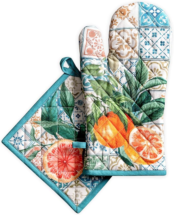 Maison d' Hermine 100% Cotton Oven Mitt & Pot Holder Set (7.5"x13" & 8"x8") Heat Resistant BBQ Cooking Gloves with Loop Baking Grilling Kitchen Hotel Home Farmhouse Spring Summer (Agrume)
