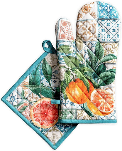 Maison d' Hermine 100% Cotton Oven Mitt & Pot Holder Set (7.5"x13" & 8"x8") Heat Resistant BBQ Cooking Gloves with Loop Baking Grilling Kitchen Hotel Home Farmhouse Spring Summer (Agrume)