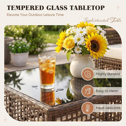 Devoko Patio Furniture Set,6 Pieces Outdoor Sectional Sofa with Cup Holder and 7.87in Wider Armrest, PE Wicker Backyard Couch Set with Coffee Table&Glass Tabletop for Deck, Porch（6 pcs）