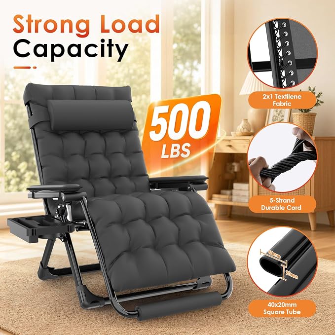 Slendor Heated Oversized Zero Gravity Chairs 33In, XXL Lounge Chair, Black | Anti Gravity Recliner with 3 Heat Levels for Back & Seat, Headrest & Cup Holder, Folding, Supports 500lbs, (Battery Not)