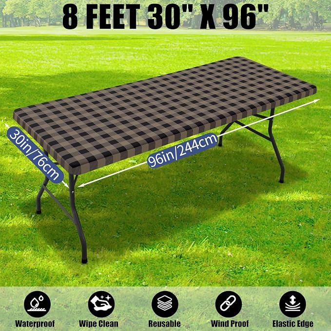 Smiry Picnic Table Cloth 2 Pack, Waterproof Elastic Fitted Tablecloths for 8FT Rectangle Tables, Washable Polyester Buffalo Plaid Tablecloth for Camping & Outdoor (Black & Khaki, 30" x 96")