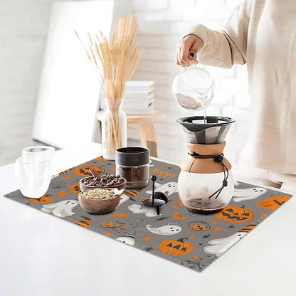 Placemats Set of 6,Pumpking Ghost Table Mats,Halloween Washable Linen Table Mats,Non-Slip Heat Resistant Placemats for Party Kitchen Dining Indoor Outdoor 12"x18"
