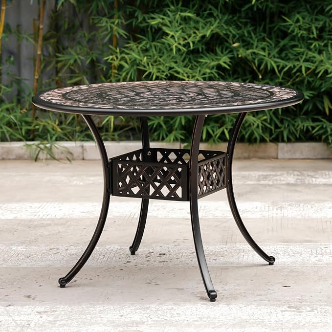 41" Round Patio Dining Table with Umbrella Hole, Outdoor Cast Aluminum Bistro Conversation Outdoor Table for Backyard Porch Pool Balcony Deck