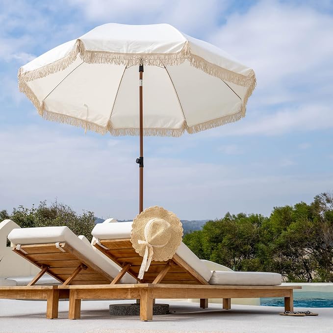 7.5Ft Patio Beach Umbrella with Fringe & Tassel, UPF50+ Push Button Tilt & Crank, Ideal for Garden, Lawn, Deck, Yard & Pool