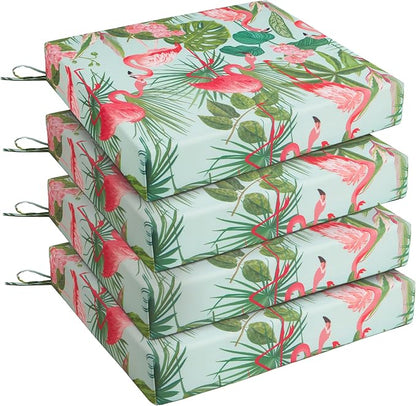 UNIKOME Outdoor Chair Cushions Pack of 4, Water Resistant Patio Cushions with Ties, High Density Sponge Filling Square Corner Seat Cushions for Outdoor Furniture, 18.5"*16"*3", Flamingos
