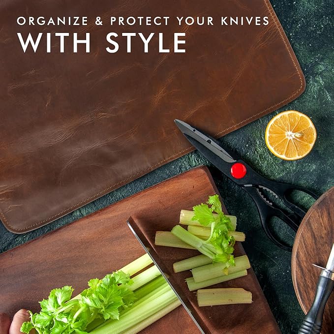 ELIZO Leather Knife Roll Bag Professional Chef Knife Case, Durable Knife Sheath Holder, Cooks & Culinary Tools Carrying Storage, Portable Knife Wrap - 4 Slots