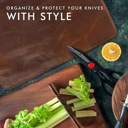 ELIZO Leather Knife Roll Bag Professional Chef Knife Case, Durable Knife Sheath Holder, Cooks & Culinary Tools Carrying Storage, Portable Knife Wrap - 4 Slots