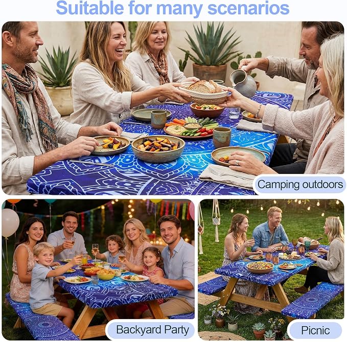 Picnic Table Cover Bench Covers Camping Essentials Tablecloth | Waterproof Vinyl for Outdoor, Windproof Elastic Fitted Edges, RV BBQ Accessories Must Haves, Storage Bag Included