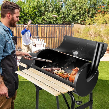 Charcoal Grills with Offset Smoker & Thermometer, Barrel BBQ Grill & Smoker Combo, Spacious Barbecue Grill for Outdoor Backyard Camping Parties