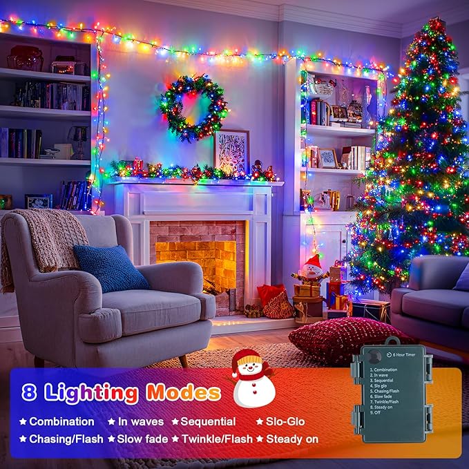 4 Pack Battery Operated Christmas Lights, 50 LEDs 16.5ft Multi Colored String Lights Outdoor Waterproof, Green Wire Battery Powered Twinkle Lights for Tree Wreath Christmas Decorations