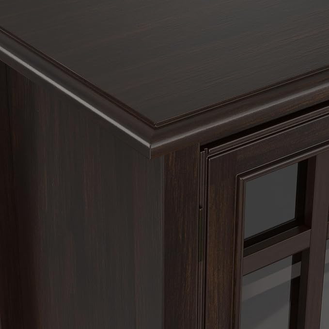SIMPLIHOME Connaught 46" Solid Wood Tall Cabinet in Dark Chestnut Brown | Traditional tall console cabinet with glass doors, adjustable shelves and drawers for living or dining room storage.