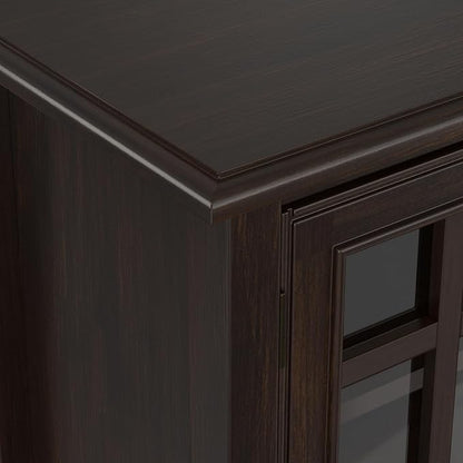 SIMPLIHOME Connaught 46" Solid Wood Tall Cabinet in Dark Chestnut Brown | Traditional tall console cabinet with glass doors, adjustable shelves and drawers for living or dining room storage.