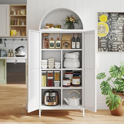 Metal Arched Pantry Cabinet with 4 Adjustable Shelves, Farmhouse Tall Arched Cabinet with 2 Doors for Kitchen，Living Room,White, Assemble Required, 13.8" D x 27.6" W x 66.9" H