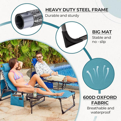 FUNDANGO 4 in 1 Tanning Chair with Face Hole, Beach Lounge Chair with Canopy Shade & Side Table Chaise Lounge Chairs for Patio, Pool, Lawn, Sunbathing, 5-Position Adjustable Sun Lounger, Cyan