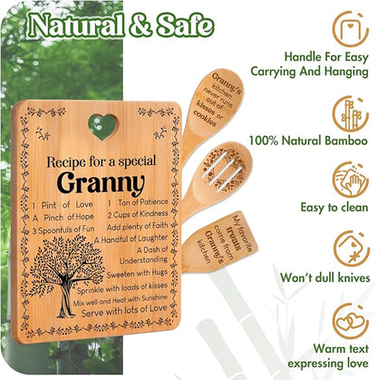 Granny Gifts - "Recipe for a Special Granny" Gifts for Granny Cutting Board Set, Bamboo-Made Engraved Utensil Set Granny Birthday Gifts from Grandchildren, Mothers Day Gifts for Granny.
