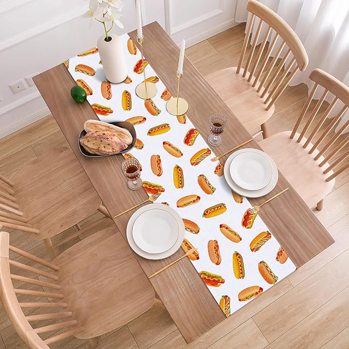 Hot Dog Table Runner Hot Dog Day Birthday Party Decoration Fast Food Sausage Dining Room Home Kitchen Table Decor (13" x 108")