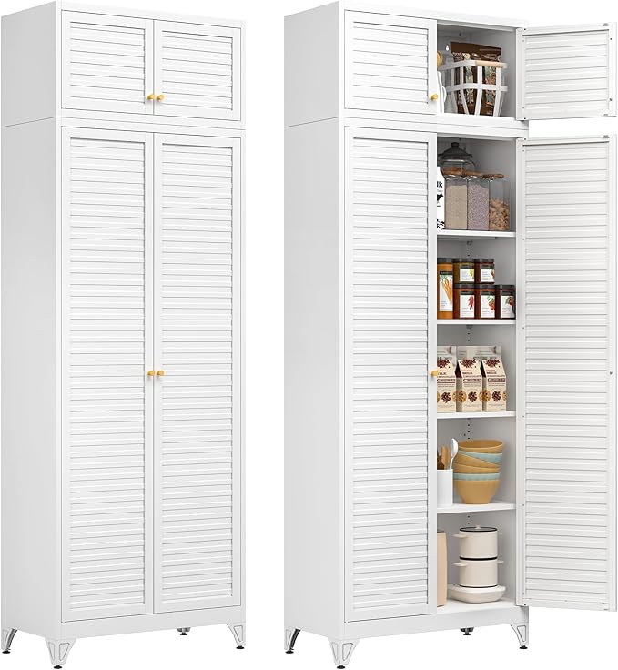 Polup Kitchen Pantry Cabinet, 90" Tall Metal Storage Cabinet, Food Pantry cabinets with Doors and Shelves, Steel Cabinets for Living Room, Dining, White,16" D x 32" W x 90" H, Assembly Required