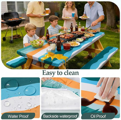 Picnic Table Cover Bench Covers Camping Essentials Tablecloth | Waterproof Vinyl for Outdoor, Windproof Elastic Fitted Edges, RV BBQ Accessories Must Haves, Storage Bag Included