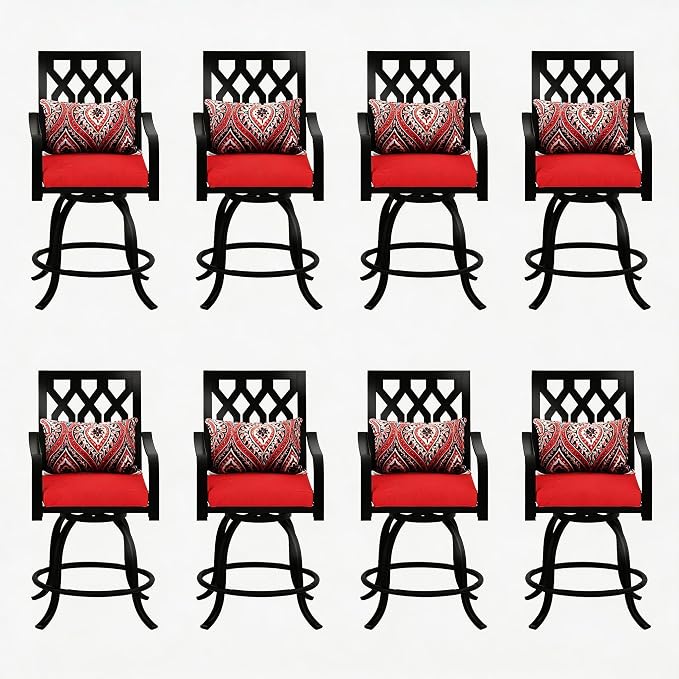 DWVO Metal Outdoor Bar Stools Set of 8, Heavy-Duty Bar Height Outdoor Chairs 352 Lbs Capacity, All-Weather E-Coated Swivel Barstools with Red Cushion & Pillow for Patio Deck Balcony