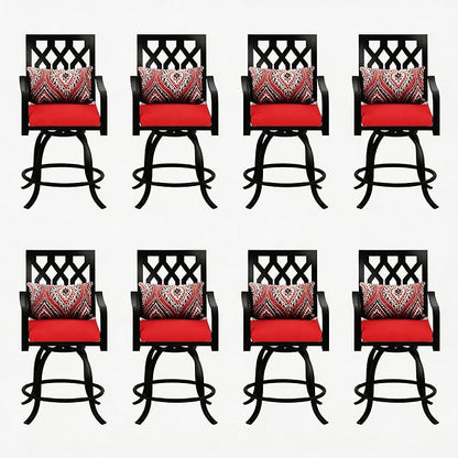 DWVO Metal Outdoor Bar Stools Set of 8, Heavy-Duty Bar Height Outdoor Chairs 352 Lbs Capacity, All-Weather E-Coated Swivel Barstools with Red Cushion & Pillow for Patio Deck Balcony