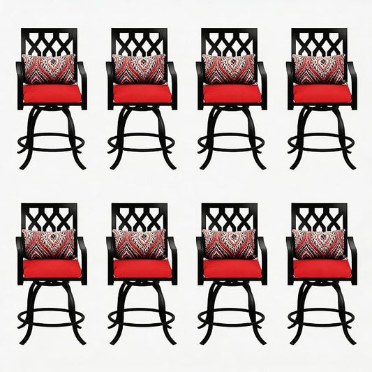 DWVO Metal Outdoor Bar Stools Set of 8, Heavy-Duty Bar Height Outdoor Chairs 352 Lbs Capacity, All-Weather E-Coated Swivel Barstools with Red Cushion & Pillow for Patio Deck Balcony