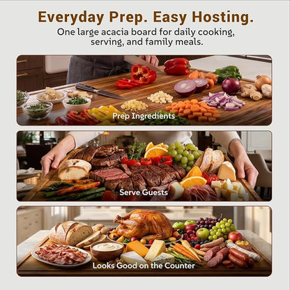 Sentsu Extra Large Acacia Wood Cutting Board 36 x 24 in, Deep Juice Groove | 100% solid acacia, handles, carving, serving, noodle board and countertop extender for turkey, brisket and BBQ