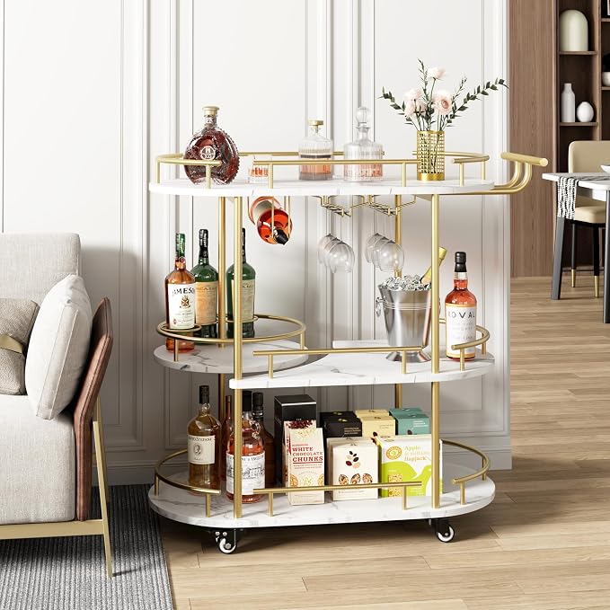 Garvee Bar Serving Cart with Wine Rack and Glass Holder, 3-Tier Rolling Serving Cart with 4 Wheels, Small Serving Table for Living Room, Kitchen, Dining Room, Gold+White