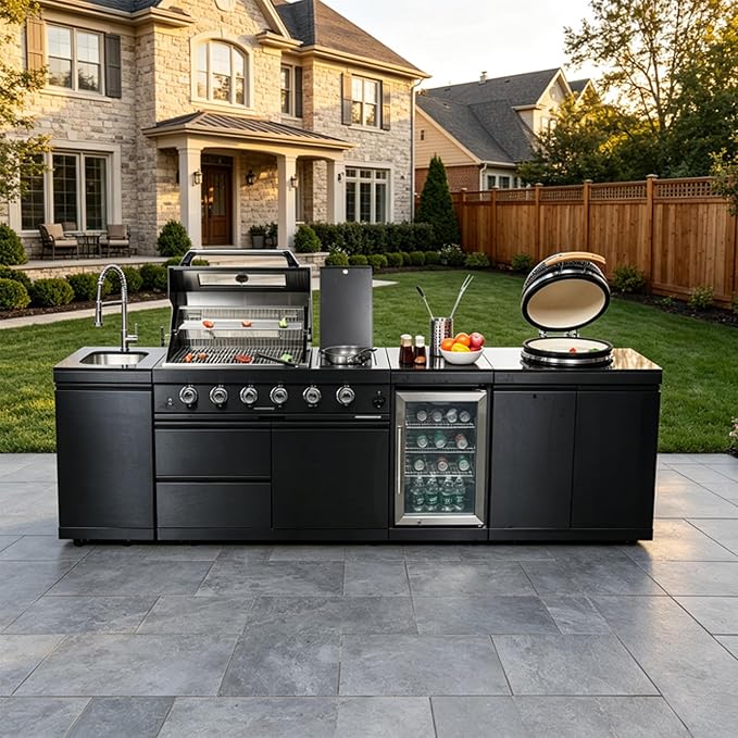 118" Outdoor Kitchen Island,Natural Gas Grill with Kamado Grill,72000 BTU. | Stainless Steel Grill with Side Burner,Rotisserie,Refrigerator,Sink,Granite Countertop,Storage Cabinets.Sleek Black Finish