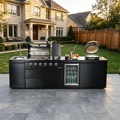 118" Outdoor Kitchen Island,Natural Gas Grill with Kamado Grill,72000 BTU. | Stainless Steel Grill with Side Burner,Rotisserie,Refrigerator,Sink,Granite Countertop,Storage Cabinets.Sleek Black Finish