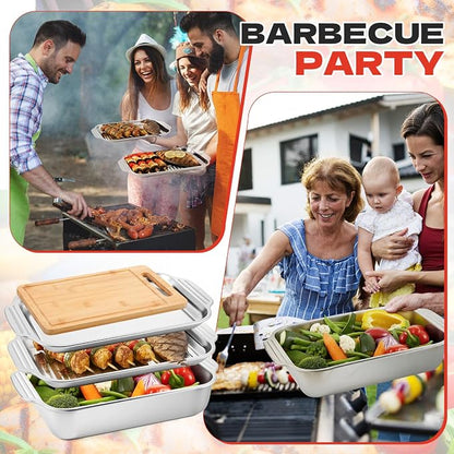 4 Pcs Grill Prep Trays Set Stackable Stainless Steel Grilling Prep and Serve Tray Includes 2 Deep Grill Platter, Shallow BBQ Serving Tray and Bamboo Cutting Board for BBQ Outdoor Grilling