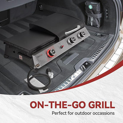 3-Burner Portable Propane Gas Griddle with Side Burner, 3-in-1 Grill and Griddle Combo with Lid, Outdoor Cooking, 29,000 BTU, Silver, PD1305H-SC
