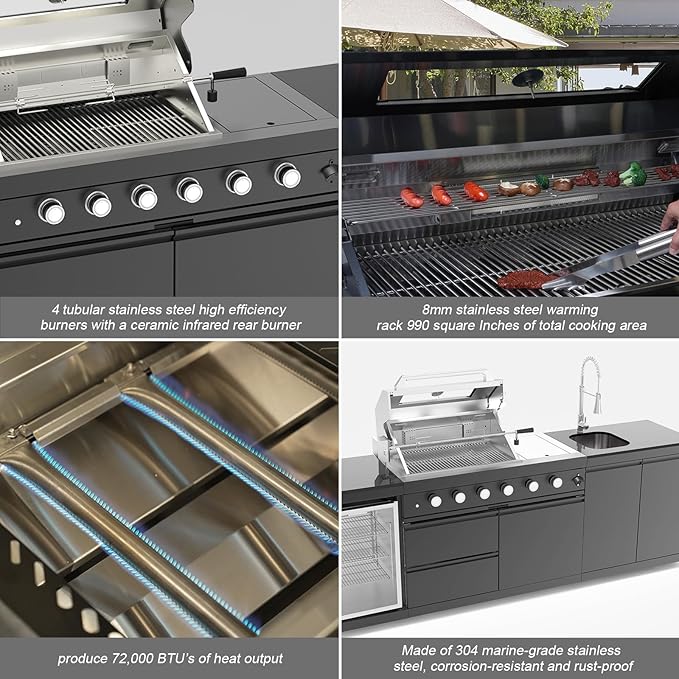 98.4 Inch Outdoor Kitchen Island, 72000 BTU Propane Gas Grill Combination With Refrigerator and Sink, Outdoor Stainless Steel Barbecue Bar, Propane Grill for Patios, Gardens, Parties