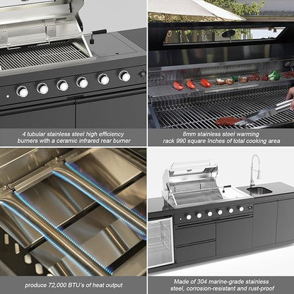 98.4 Inch Outdoor Kitchen Island, 72000 BTU Propane Gas Grill Combination With Refrigerator and Sink, Outdoor Stainless Steel Barbecue Bar, Propane Grill for Patios, Gardens, Parties