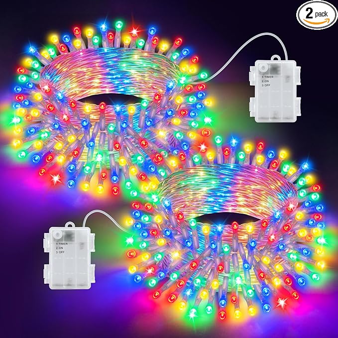 Christmas Lights Outdoor Battery Operated Total 100LED 33ft for Christmas Decorations 16.4Ft*2, 50LED*2 Waterproof Indoor with Timer for Christmas Decor, Multicolor