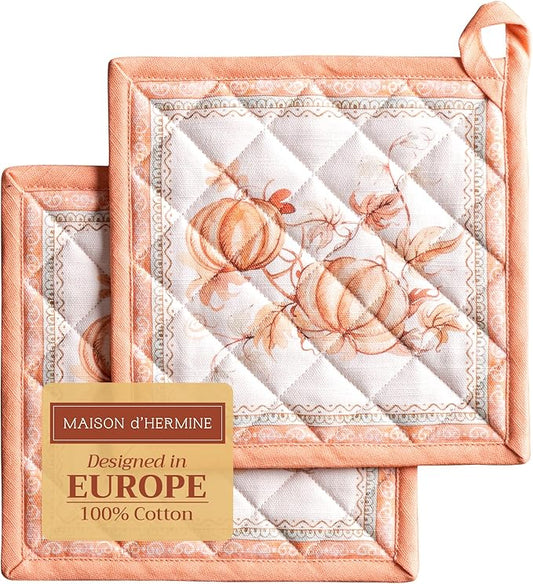 Maison d' Hermine Pot Holders Set 100% Cotton Heat Resistant Potholders 8" x 8" Hot Pads with Loop for Thanksgiving Christmas Decorations BBQ Baking Handling Hot Pans (Pack of 2, Giving Thanks)