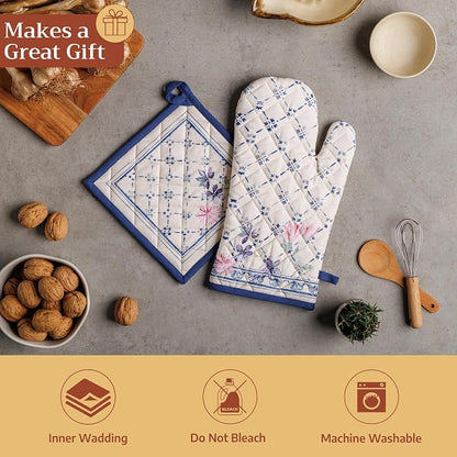 Maison d' Hermine 100% Cotton Oven Mitt & Pot Holder Set (7.5"x13" & 8"x8") | Heat Resistant BBQ Cooking Gloves with Loop Baking Grilling Kitchen Hotel Home Farmhouse Spring Summer - Faience