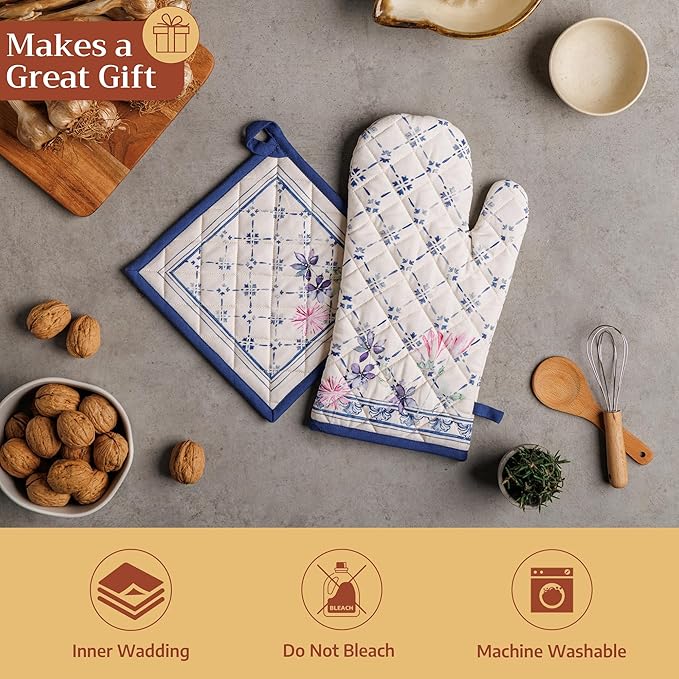 Maison d' Hermine Pot Holders 100% Cotton Heat Resistant Potholders 8" x 8" Hot Pads with Loop BBQ Cooking Baking Hotel Farmhouse Kitchen Handling Hot Pans Spring Summer (Pack of 2, Faience)