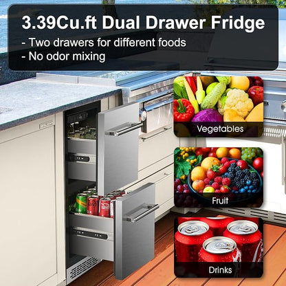 15 Inch Double Drawer Refrigerator,Under Counter Beverage Fridge for Indoor Outdoor Kitchen,3.39 Cu.Ft. Waterproof Silver&Black Stainless Steel Refrigerator