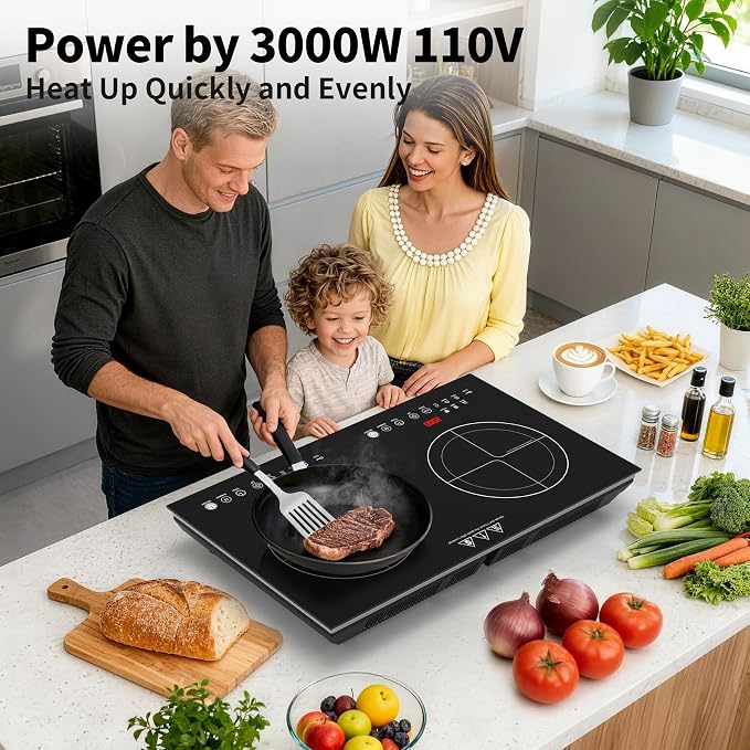 VBGK 2 burner induction cooktop,110V 4000W 2 burner induction plate with Brushed Panel LED touch Control, induction stove top with 10 Power Levels, Kids Lock & 4H Timer