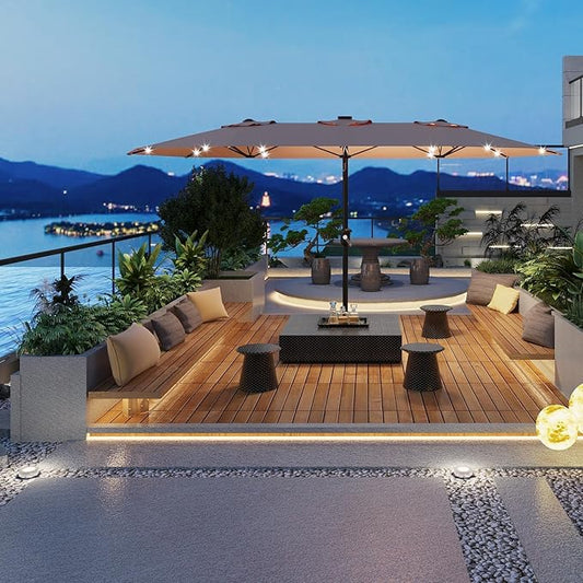 15FT Outdoor Patio Umbrella,Double-Sided Rectangle Market Umbrella with 36 LED Solar Lights & Base,UV50+ Weather-Resistant Oversized Outdoor Umbrella,Crank Lift,3-Way Shade for Pool,Garden,Backyard