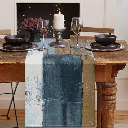Emvency Modern Table Runner, Navy and Gold Abstract Oit Painting for Kitchen Coffee Table Family Dinners Holiday Parties Wedding Events Decor(13x72 inch)