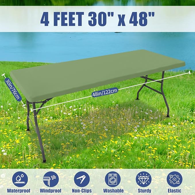 Moosfor Spandex 4 Foot Rectangle Table Cloth, Elastic Fitted Tablecloths for Picnic, Stretch Washable Patio Table Cover for Outdoor, Camping, Banquet and Parties (Sage Green, 30"x48")