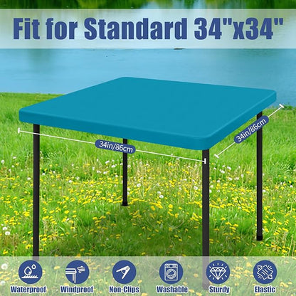 Moosfor 2 Pack Square Spandex Fitted Table Cloth, Elastic Tablecloth | Washable Picnic Table Cover, Stretch Waterproof Table cloths for Party, Patio, Dining, Kitchen, 34" x 34", Teal