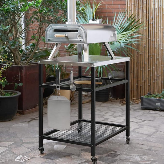 Stainless Steel Outdoor Grill Cart Pizza Oven Stand Trolley Table with Wheels Three-Shelf Movable Food Prep and Work Table Heavy Duty Grill Carts Outdoor Cart 31.5"×24"×35.5"